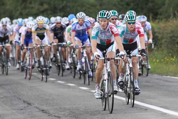 Sebastian Lang (Omega Pharma-Lotto) sets tempo in the peloton.