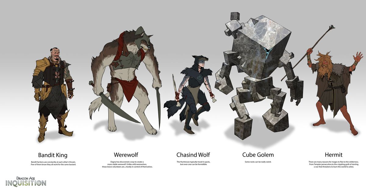 Concept art for Dragon Age characters, including a cuboid golem and a "Hermit" who is clearly Anders from Dragon Age 2