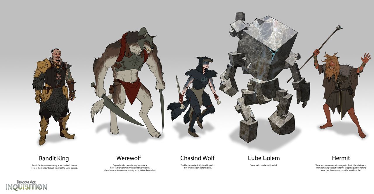Concept art for Dragon Age characters, including a cuboid golem and a "Hermit" who is clearly Anders from Dragon Age 2