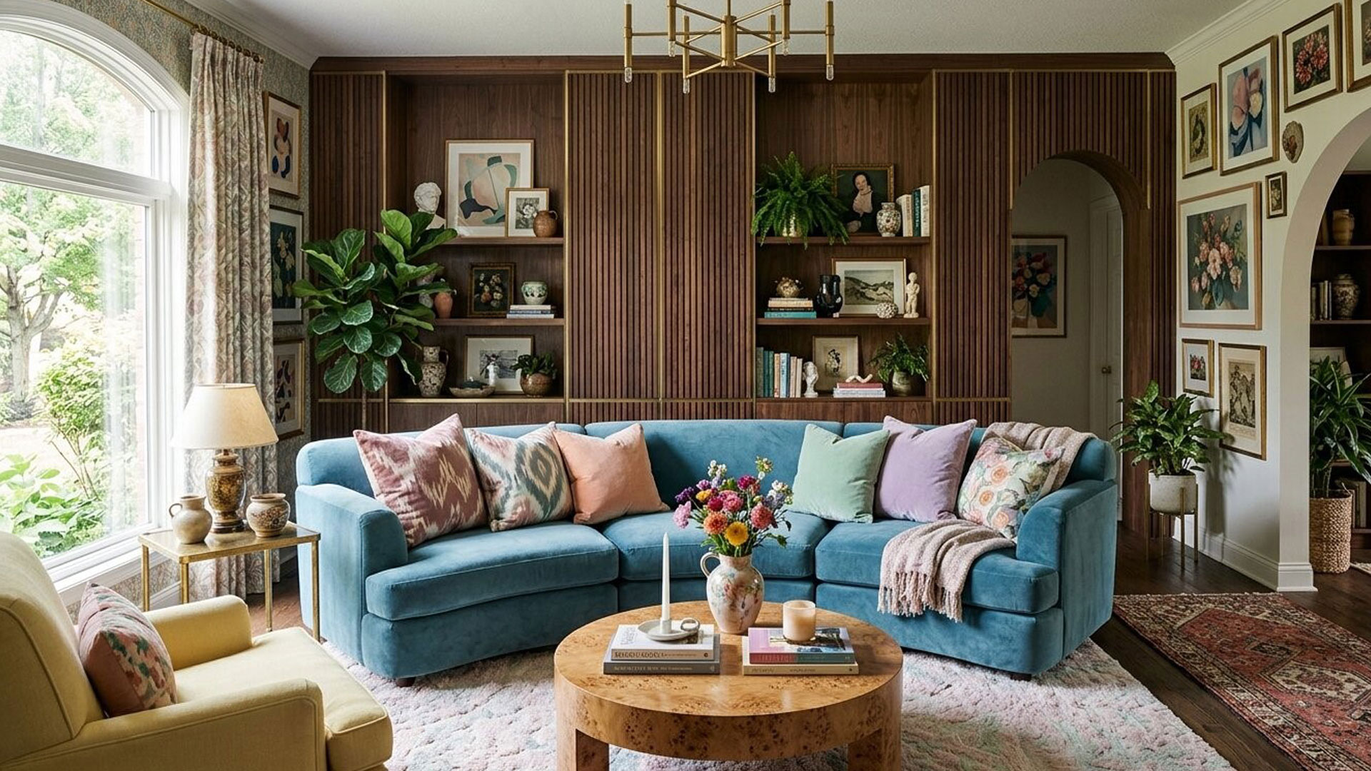 1980s inspired living room with curved blue sofa and wooden wall panelling