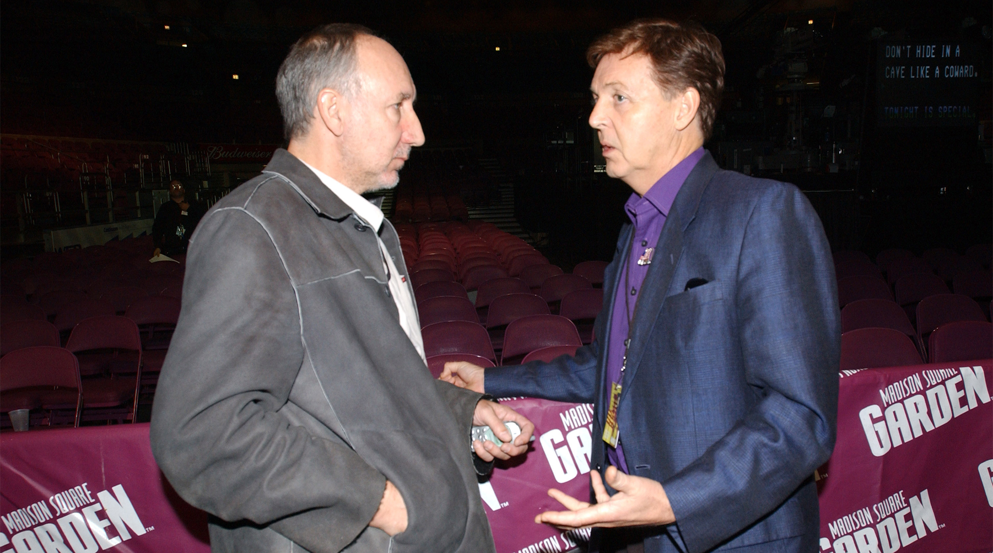 Pete Townshend and Paul McCartney during The Concert for New York City at Rehearsals at Madison Square Garden in New York City, New York, United States, October 19, 2001.