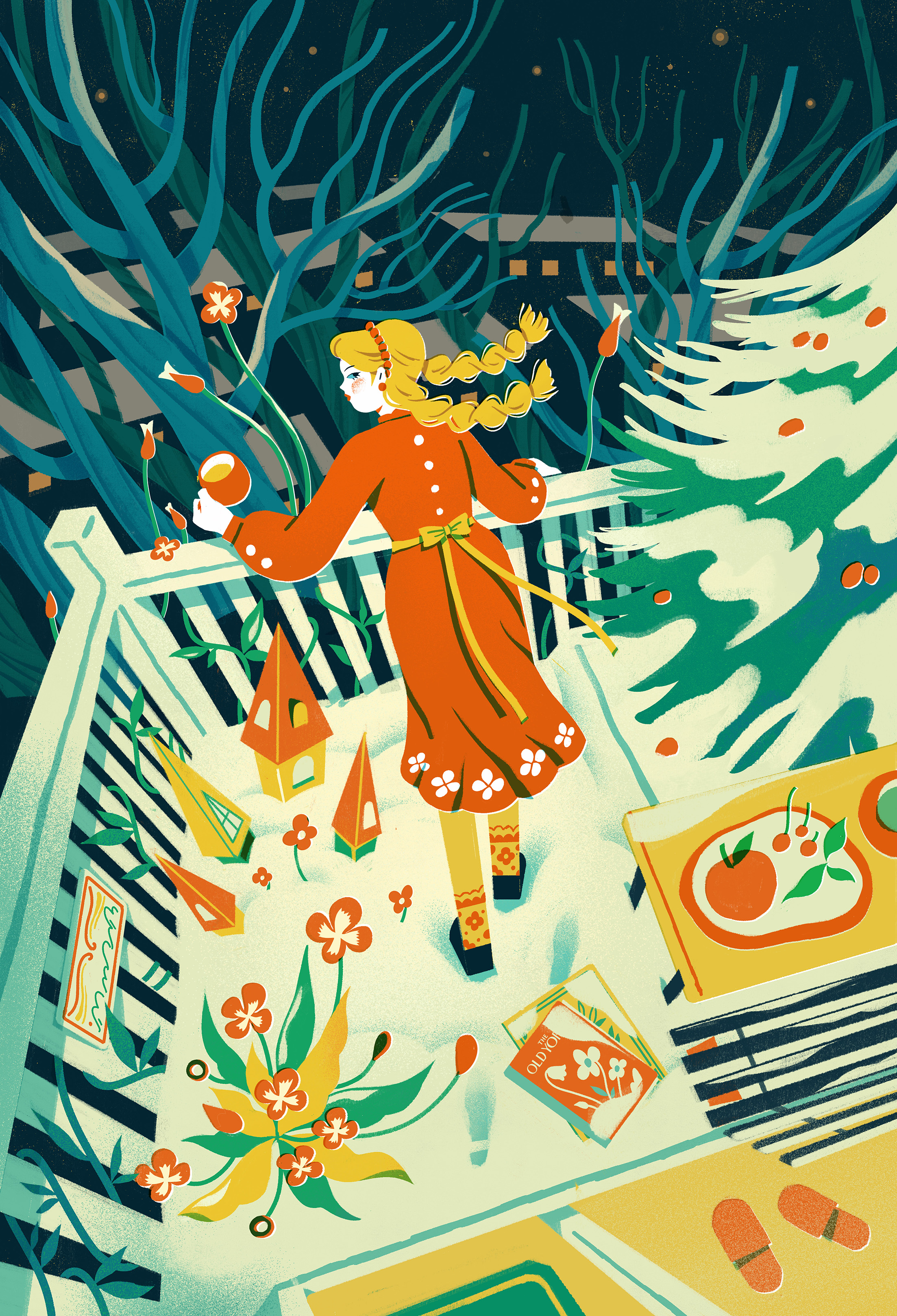 illustrations by Peilin Li of a woman on a balcony