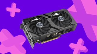 Asus RTX 4070 graphics card with purple backdrop and pink plus symbols