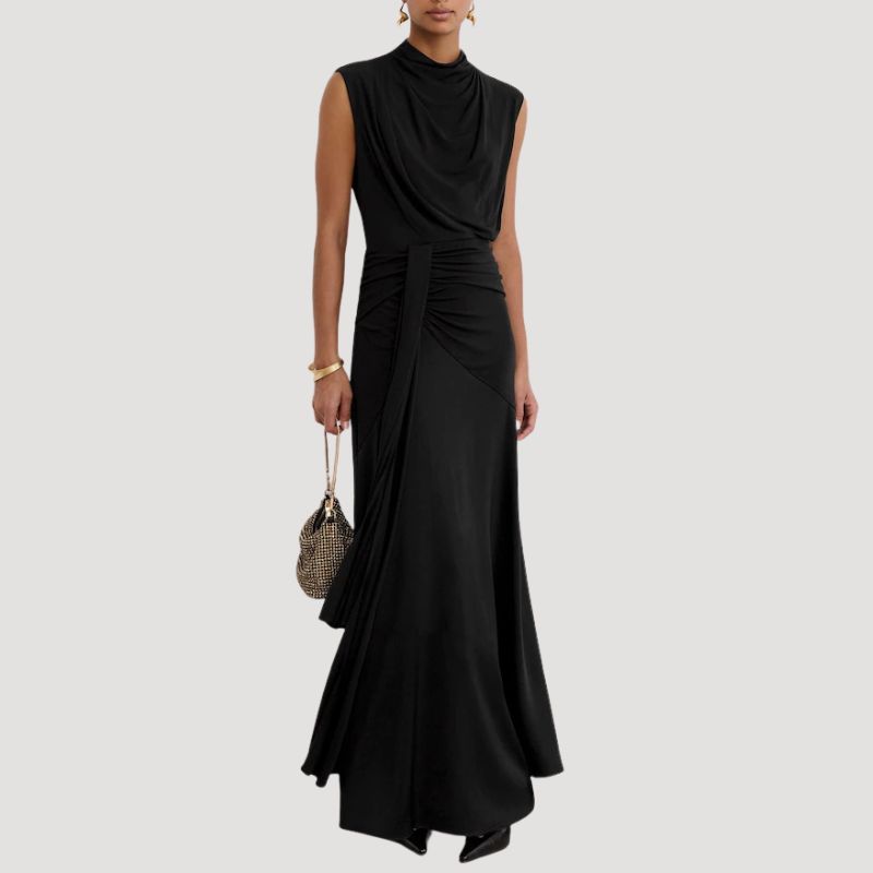 Draped High-Neck Sleeveless Maxi Dress on model