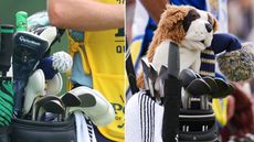 (left) a shot of Aaron Rai's golf bag at the 2025 PGA Championship and (right) a shot of Rory McIlroy's golf bag