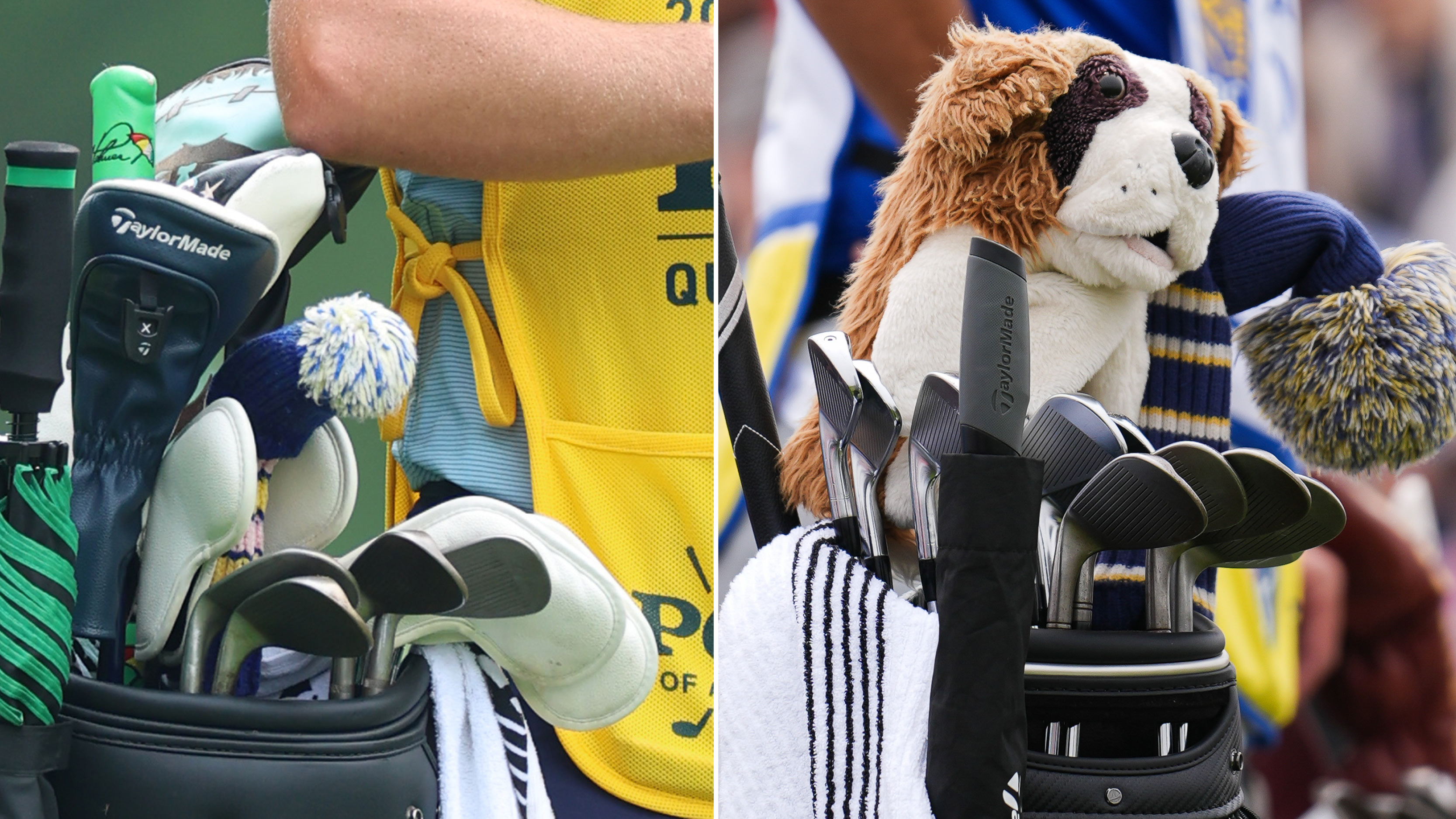 (left) a shot of Aaron Rai&#039;s golf bag at the 2025 PGA Championship and (right) a shot of Rory McIlroy&#039;s golf bag