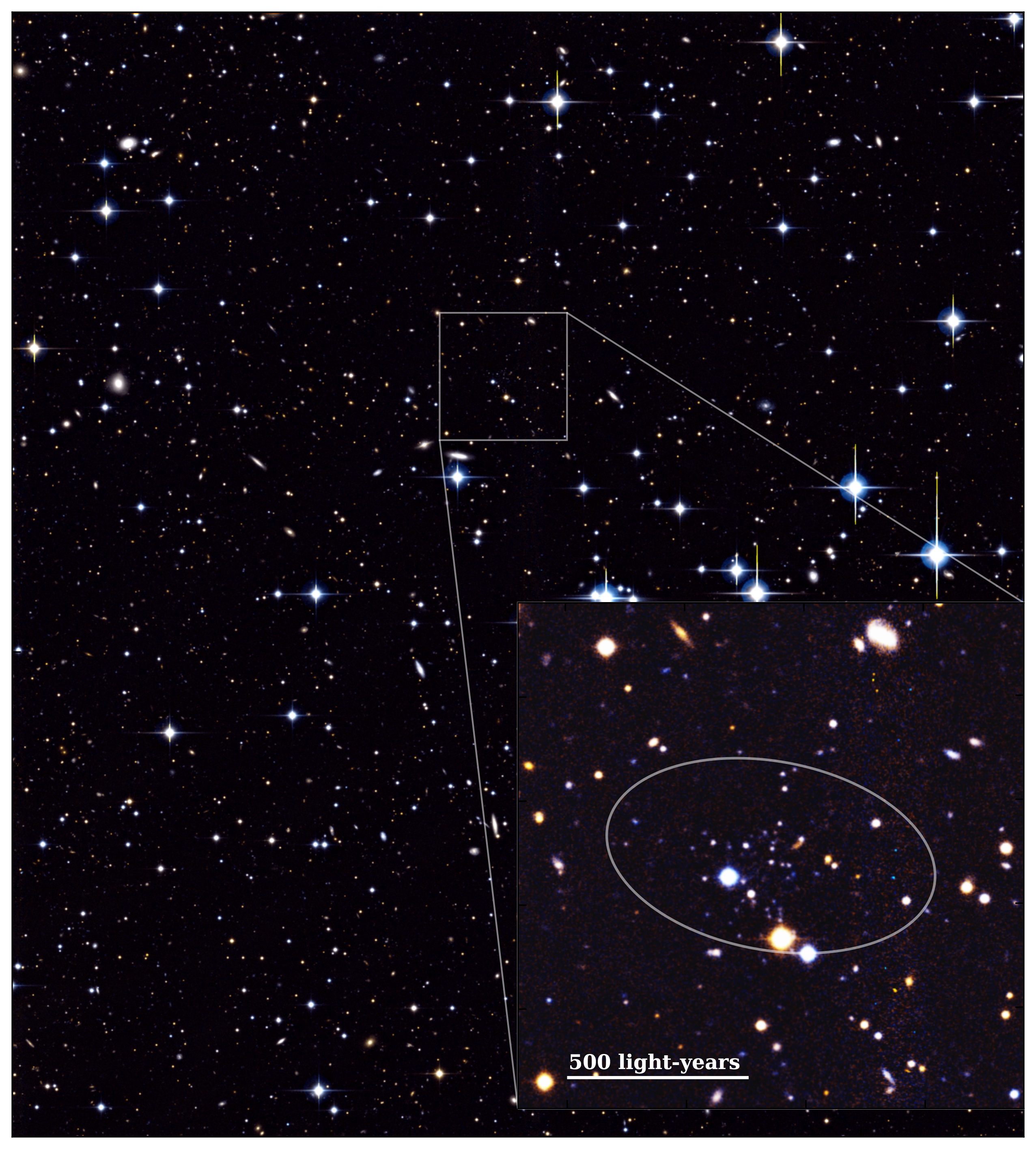 Gambar warna palsu yang diambil dengan megacam di teleskop Kanada-France-Hawaii (CFHT) sebagai bagian dari Pan-Andromeda Archaeological Survey (PANDAS) menunjukkan petak besar ruang hitam yang dihiasi dengan bintang biru dan kuning dari berbagai kecerahan. Menuju pusat gambar, inset menyoroti sekelompok kecil tempat samar, mengungkapkan di mana Andromeda XXXV berada.