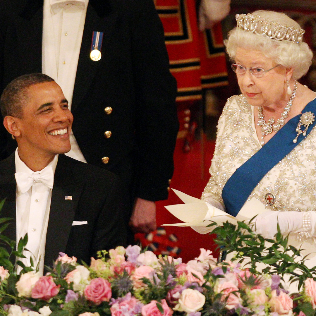 Barack Obama and Queen Elizabeth II during a State Banquet in Buckingham Palace on May 24, 2011 in London, England
