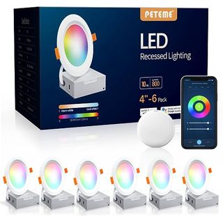 Peteme Led Smart Recessed Lighting 4 Inch Recessed Light Ic Rated Etl Certified, Peteme Canless Ceiling Light Rgbcw Color Changing Outdoor Soffit Downlight With J-Box for Alexa, 10w 800lm 6pcs