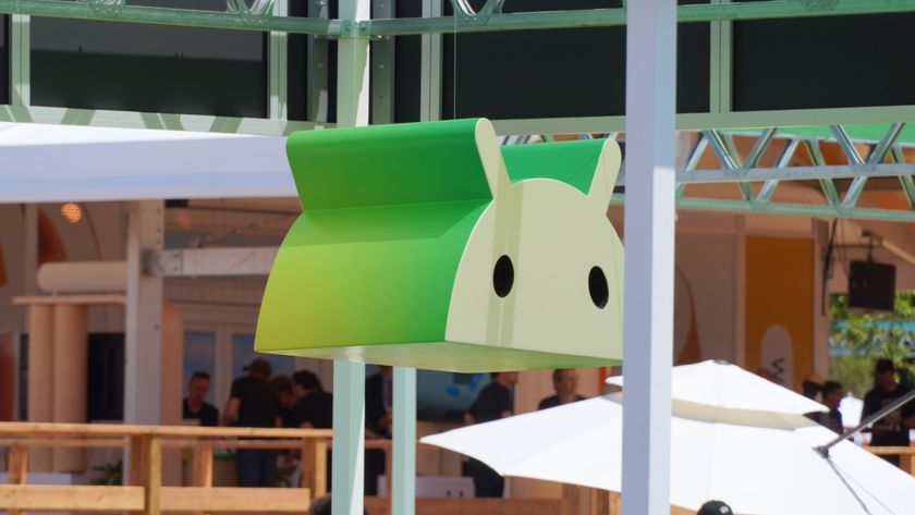 The Android Bot hanging from a booth at Google I/O 2025.