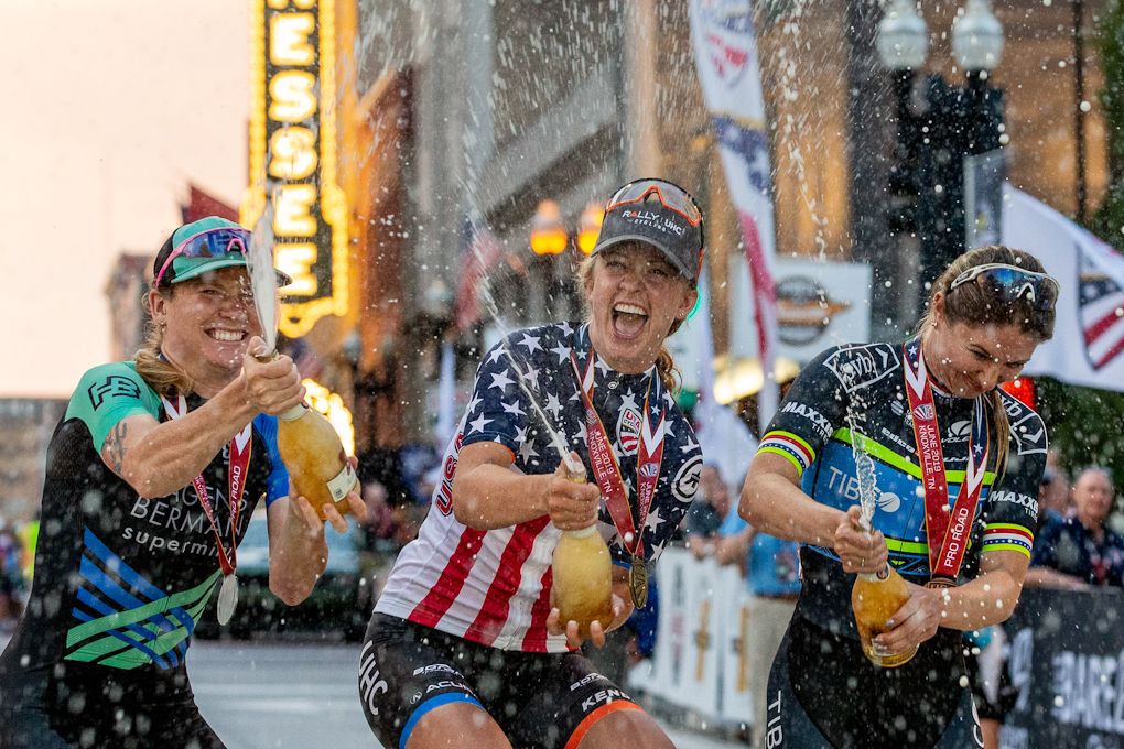The 2019 US Pro criterium podium (left to right): Lily Williams, Emma White and Kendall Ryan