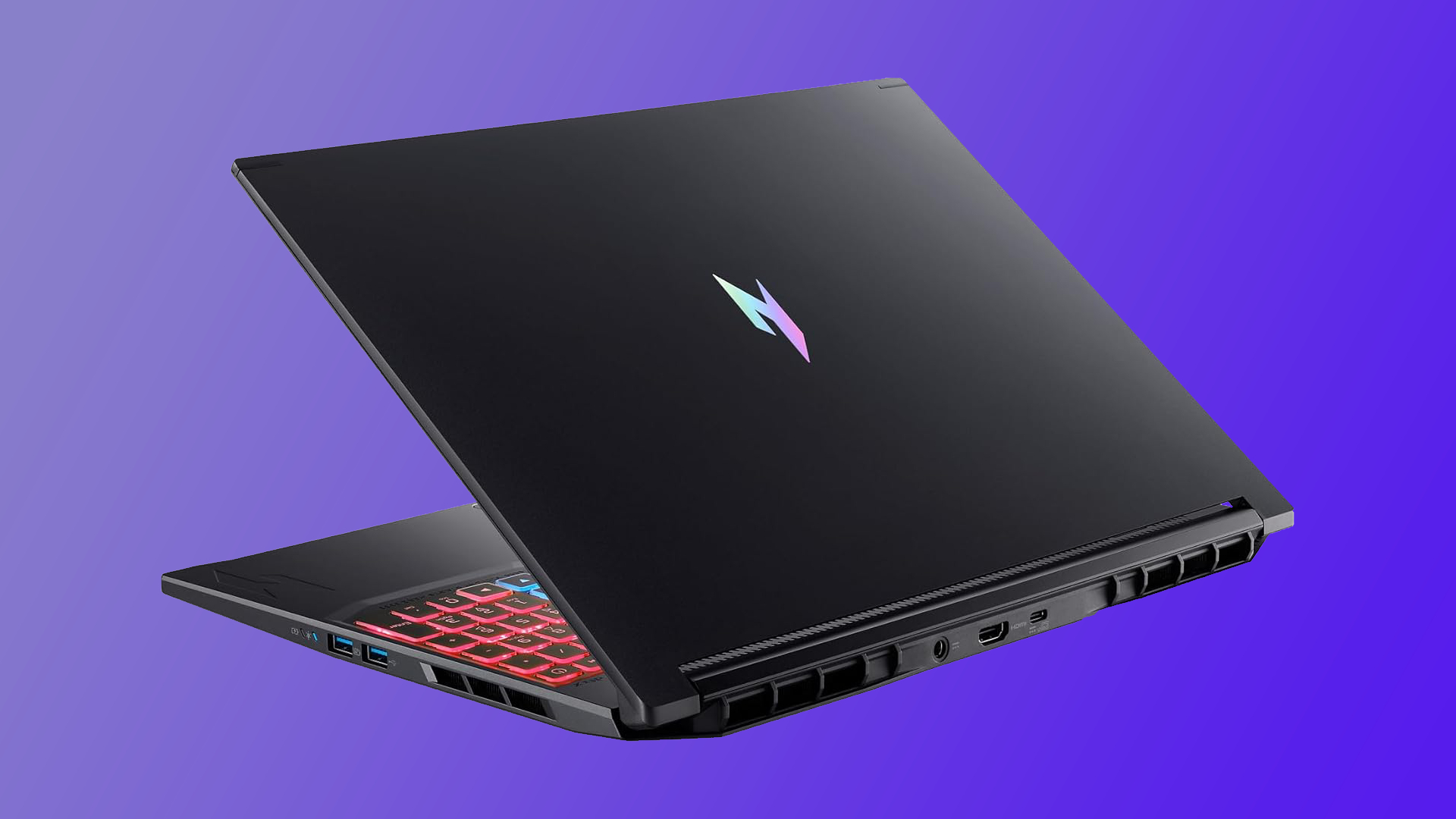An Acer Nitro V 16S gaming laptop shot from behind on a purple gradient background