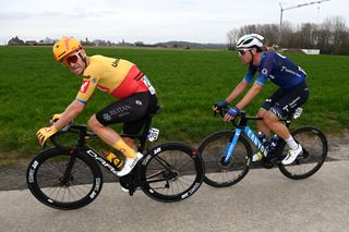 WAREGEM BELGIUM MARCH 29 LR Alexander Kristoff of Norway and UnoX Pro Cycling Team and Oier Lazkano Lopez of Spain and Movistar Team compete in the breakaway during the 77th Dwars Door Vlaanderen 2023 Mens Elite a 1837km one day race from Roeselare to Waregem DDV23 on March 29 2023 in Waregem Belgium Photo by Tim de WaeleGetty Images