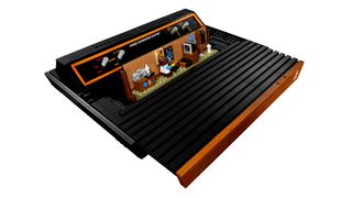 A photo of the Lego Atari 2600 games console on a white background