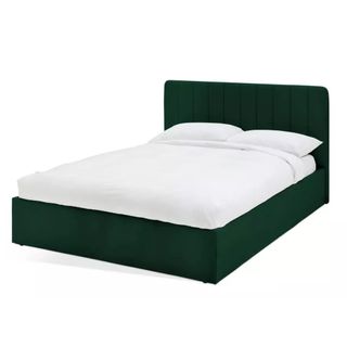 Green ottoman bed frame with white bedding on top