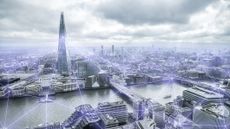 The London skyline, with buildings including the Shard linked by glowing purple lines of light representing technology or AI.