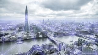 The London skyline, with buildings including the Shard linked by glowing purple lines of light representing technology or AI.