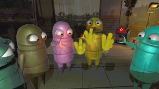 A group of REPO bots look at some crystals