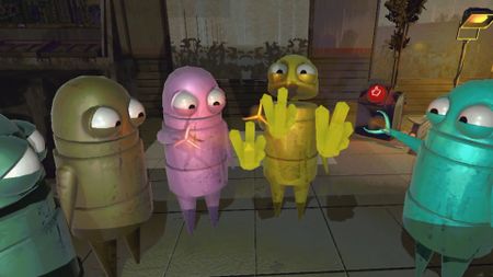 A group of REPO bots look at some crystals