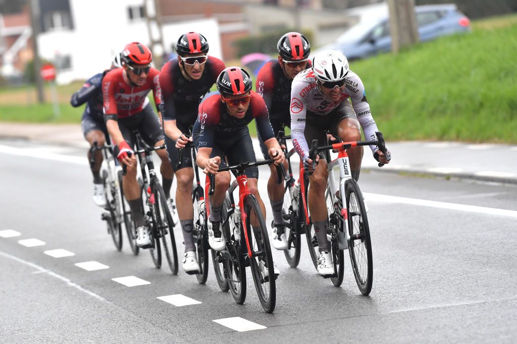OVERIJSE BELGIUM APRIL 13 LR Ben Turner of United Kingdom Thomas Pidcock of United Kingdom and Team INEOS Grenadiers Benoit Cosnefroy of France and AG2R Citren Team and Magnus Sheffield of United States and Team INEOS Grenadiers compete in the breakaway during the 62nd De Brabantse Pijl La Flche Brabanonne 2022 Mens Elite a 2051km one day race from Leuven to Overijse BP22 on April 13 2022 in Overijse Belgium Photo by Luc ClaessenGetty Images