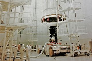 NASA’s Voyager 2 spacecraft is encapsulated for launch in 1977 at the Kennedy Space Center in Florida.