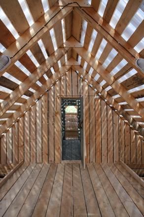 Inside a wooden pavilion