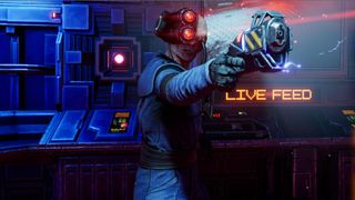 Cyborg man holding a laser pistol in front of monitor that says "LIVE FEED"