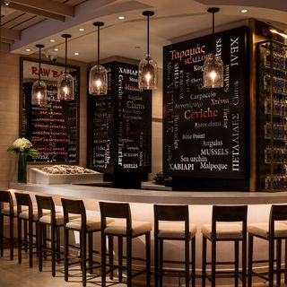 Restaurant with countertop and black boards