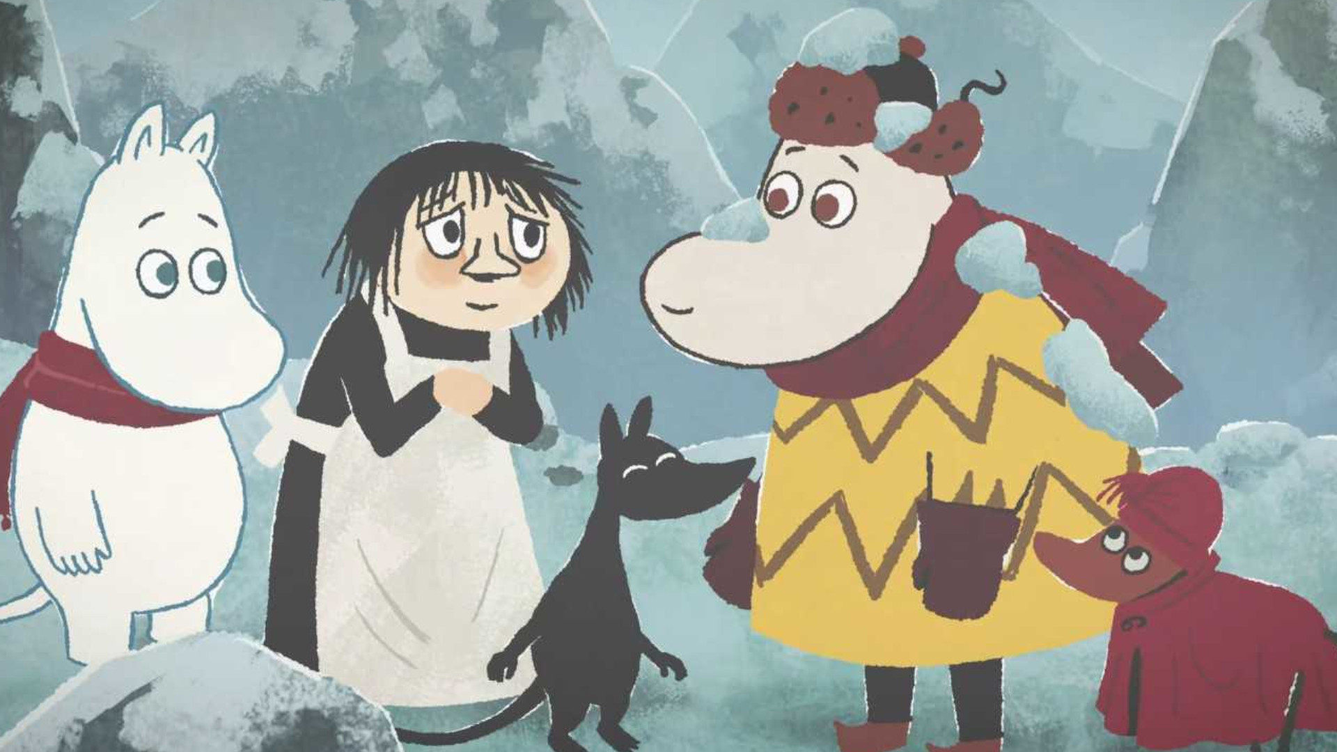 Moomintroll, Misabel, Shadow, Sorry-Oo, and Hemulen standing together in the snow looking happy during the cozy game Moomintroll: Winter's Warmth