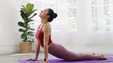 east asian woman pink top lilac leggings plant window background doing pilate back extension pose 