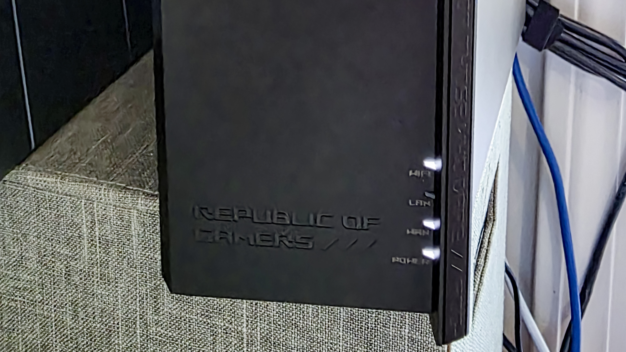 The lights on an Asus ROG Strix GS-BE18000 gaming router