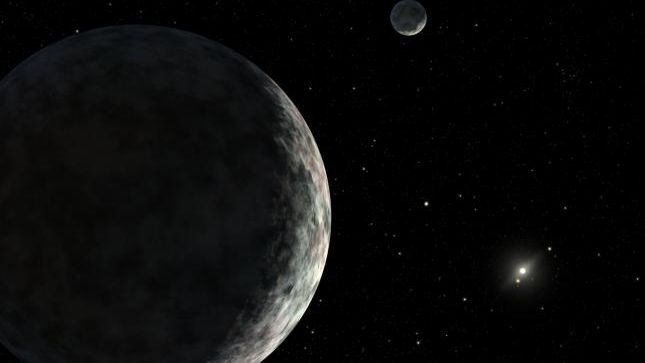 three notable celestial bodies are seen as lit crescents, one in the foreground takes up half the image, the second is much smaller at the top, with a shining third near the bottom right as the first two&#039;s star. other dimmer stars are present.