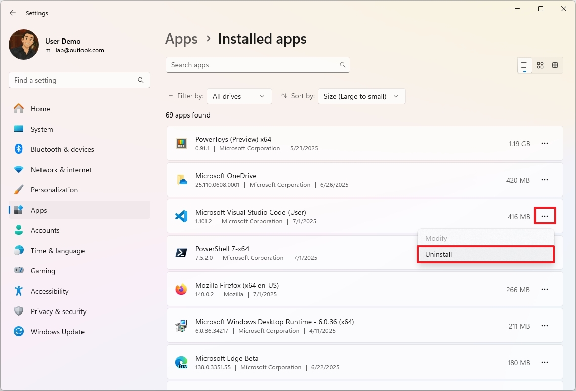 Uninstall apps manually