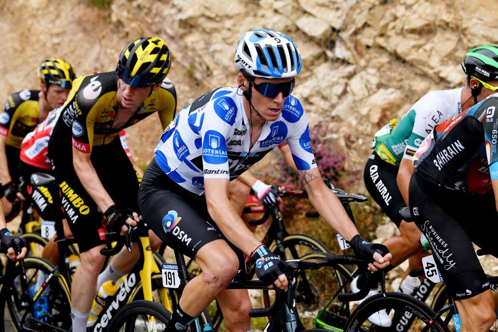ALTU DEL GAMONITEIRU SPAIN SEPTEMBER 02 Romain Bardet of France and Team DSM polka dot mountain jersey competes during the 76th Tour of Spain 2021 Stage 18 a 1626km stage from Salas to Altu dEl Gamoniteiru 1770m lavuelta LaVuelta21 on September 02 2021 in Altu dEl Gamoniteiru Spain Photo by Tim de WaeleGetty Images