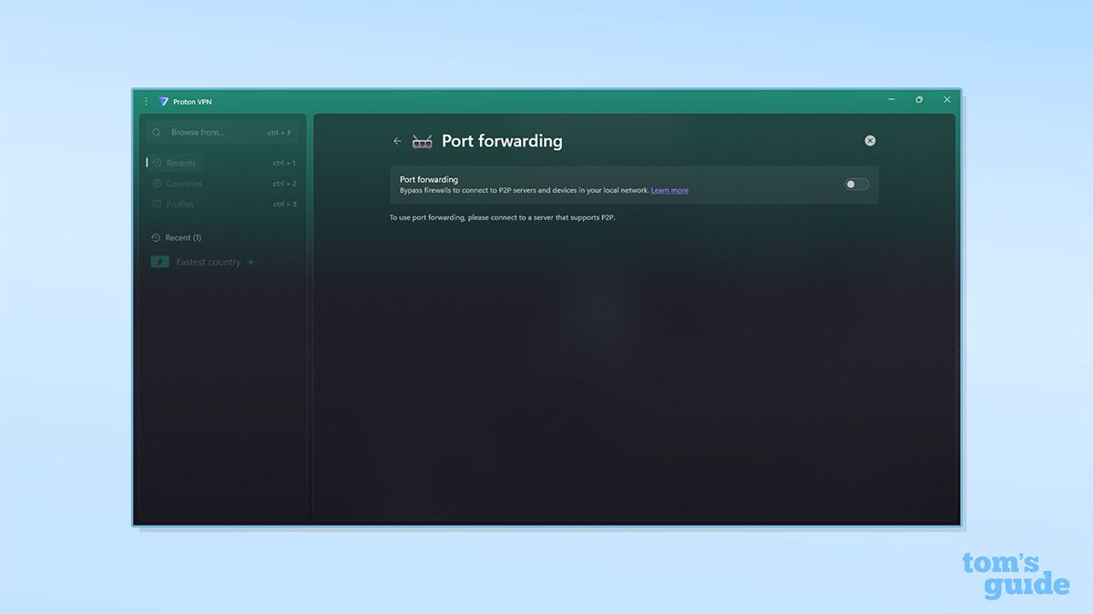 Proton VPN's port forwarding tab on its Windows app. There is a note that to use port forwarding you must connect to a server that supports P2P.