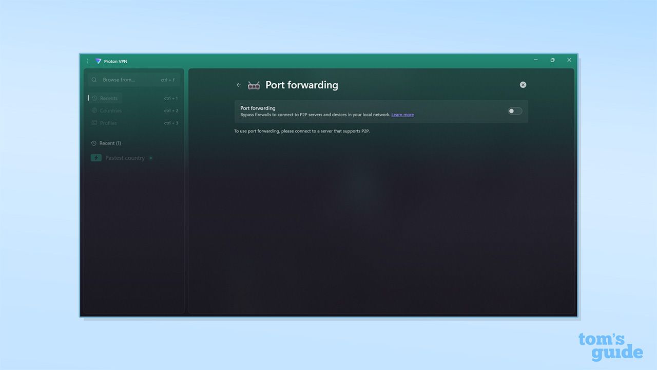 Proton VPN's port forwarding tab on its Windows app. There is a note that to use port forwarding you must connect to a server that supports P2P.
