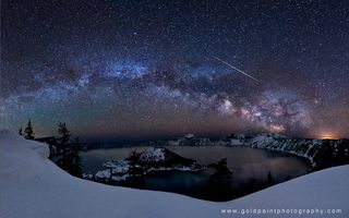 Milky Way and Lyrid Meteor over Crater Lake