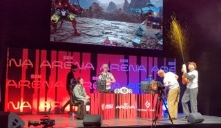 Climate protestors disrupt the stage at EGX 2023.