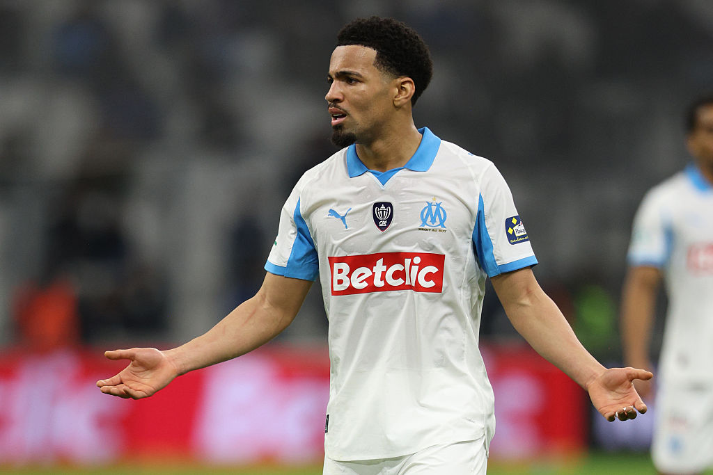 MARSEILLE, FRANCE - FEBRUARY 3: Ethan Nwaneri of Olympique de Marseille gestures during a French Cup match between Olympique de Marseille and Stade Rennais at Orange Velodrome on February 3, 2026 in Marseille, France. (Photo by Neal Simpson/Sportsphoto/Allstar via Getty Images)