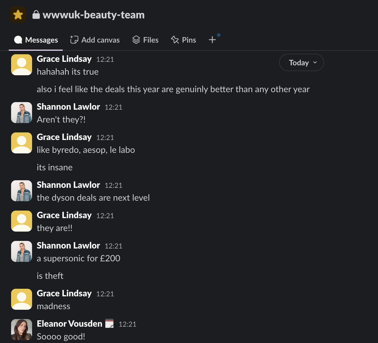A screenshot of theBest Knockoff Luxury Clothing
 beauty team slack channel discussing how good the Black Friday 2025 beauty deals are this year