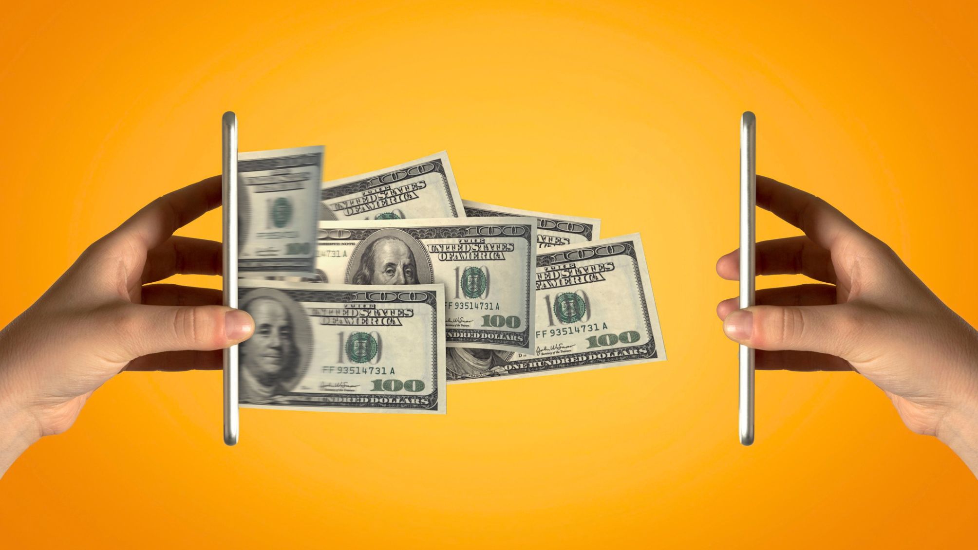 Money flowing from one phone to another. 