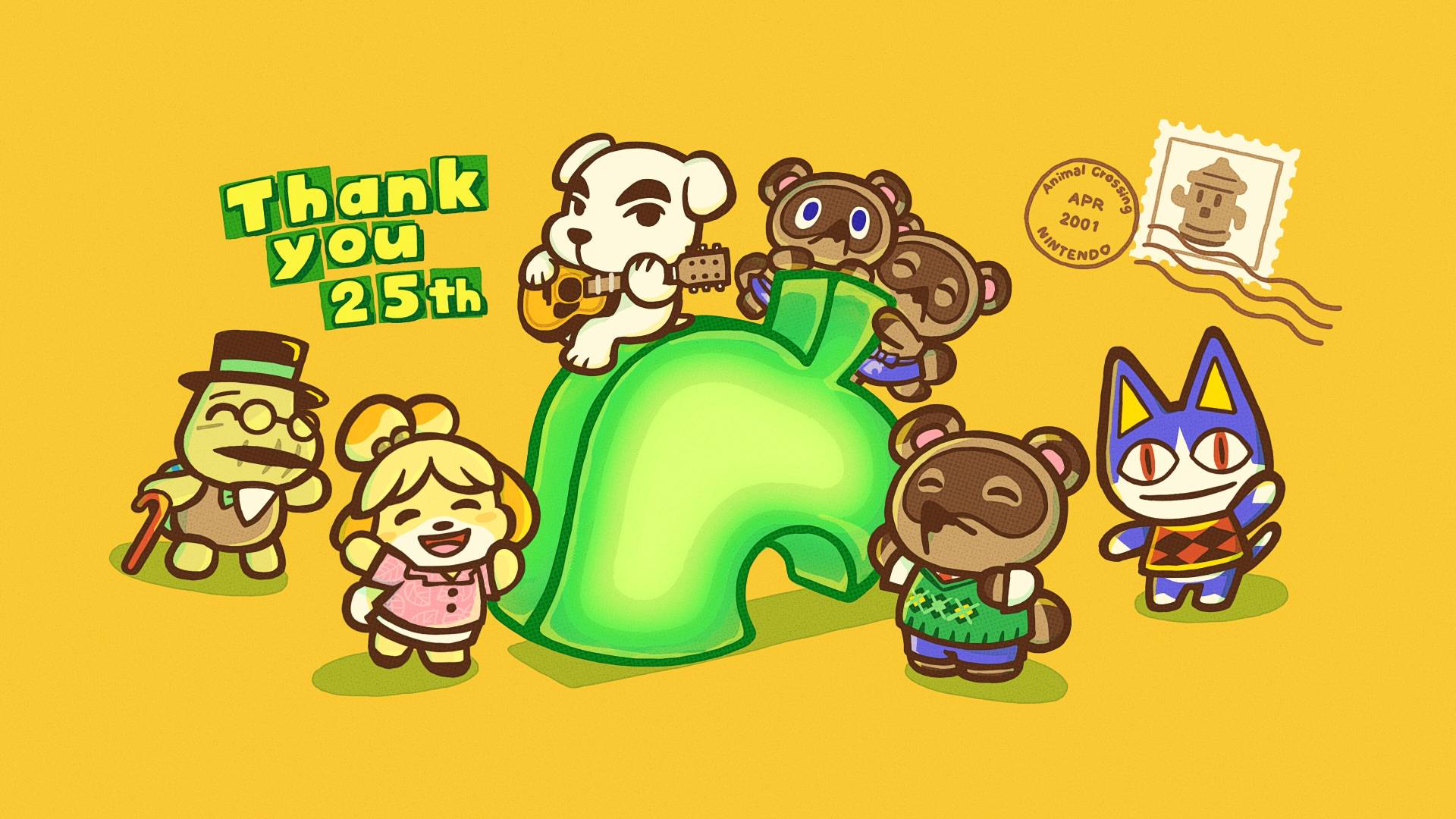 Artwork featuring Isabelle, Tom Nook, KK Slider, Timmy and Tommy, and Rover to celebrate Animal Crossing reaching its 25th anniversary