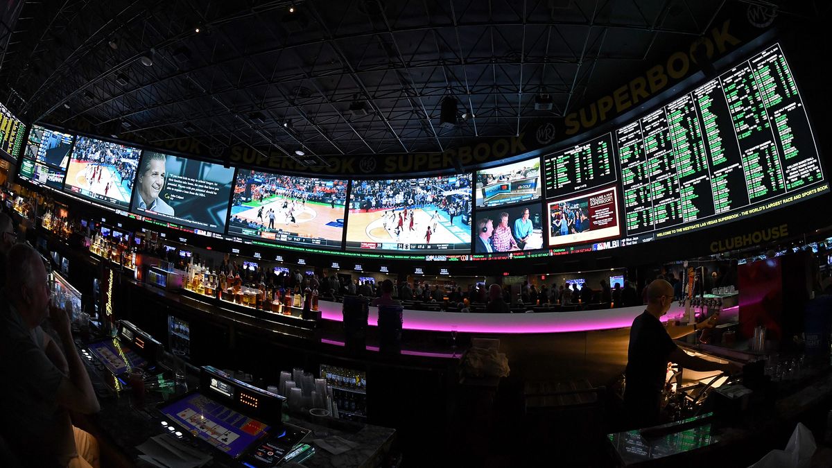 Guests attend a viewing party for the NCAA Men&#039;s College Basketball Tournament inside the 25,000-square-foot Race &amp; Sports SuperBook at the Westgate Las Vegas Resort &amp; Casino which features 4,488-square-feet of HD video screens on March 15, 2018 in Las Vegas, Nevada.