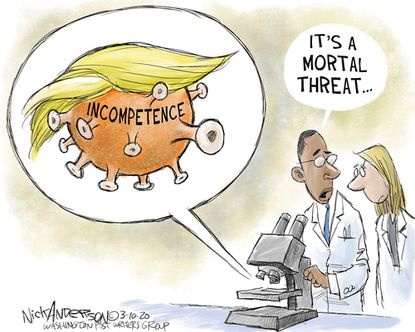 Political Cartoon U.S. mortal threat Trump virus coronavirus incompetence