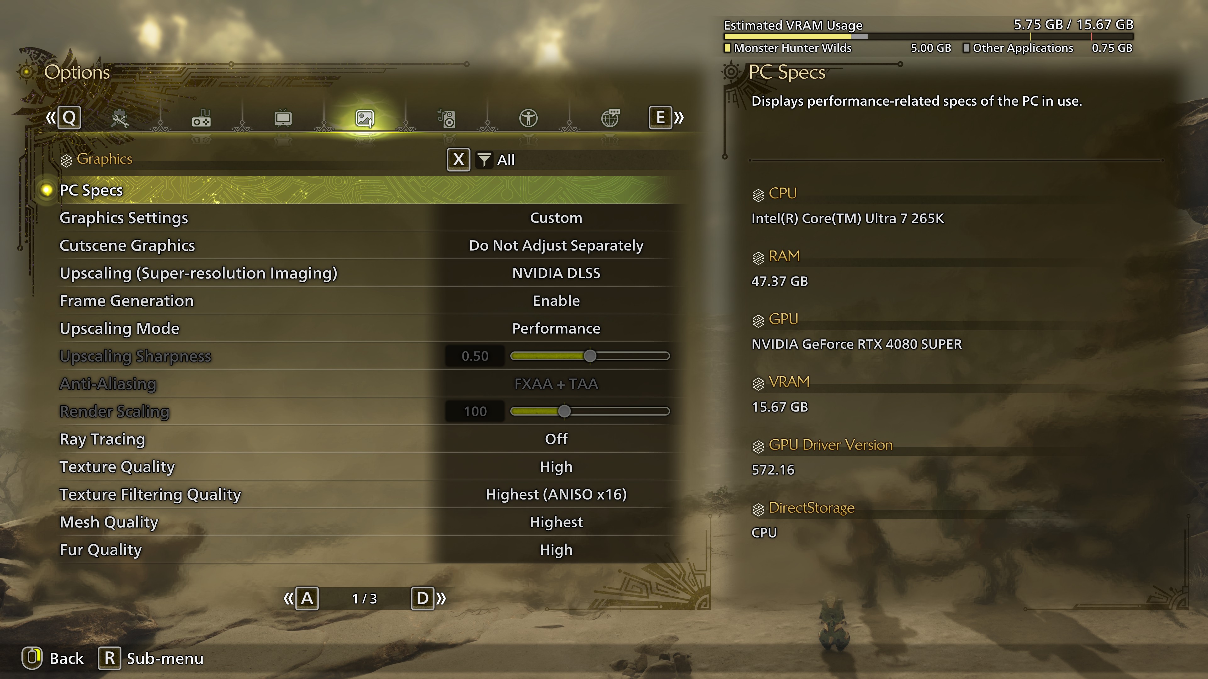 Screenshots of the graphics options in the PC version of Monster Hunter Wilds