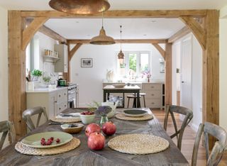 oak frame kitchen diner with pendant lighting