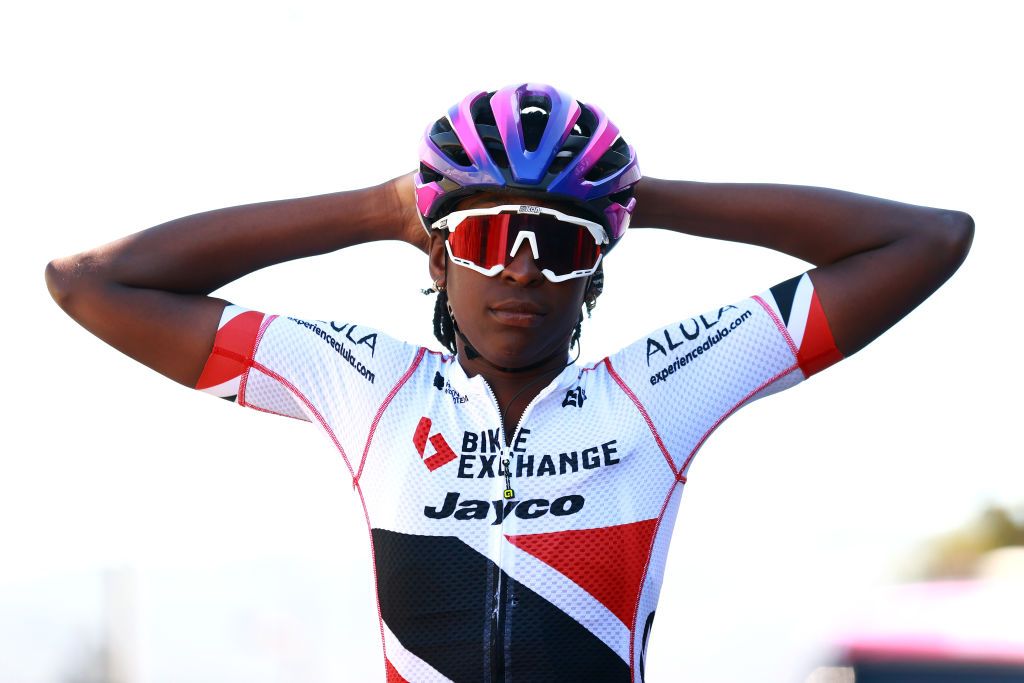 CAMARGO SPAIN SEPTEMBER 09 Teniel Campbell of Trinidad and Tobago and Team BikeExchange Jayco prior to the 8th Ceratizit Challenge By La Vuelta 2022 Stage 3 a 964km stage from Camargo to Aguilar de Campoo CERATIZITChallenge22 UCIWWT on on September 09 2022 in Camargo Spain Photo by Gonzalo Arroyo MorenoGetty Images