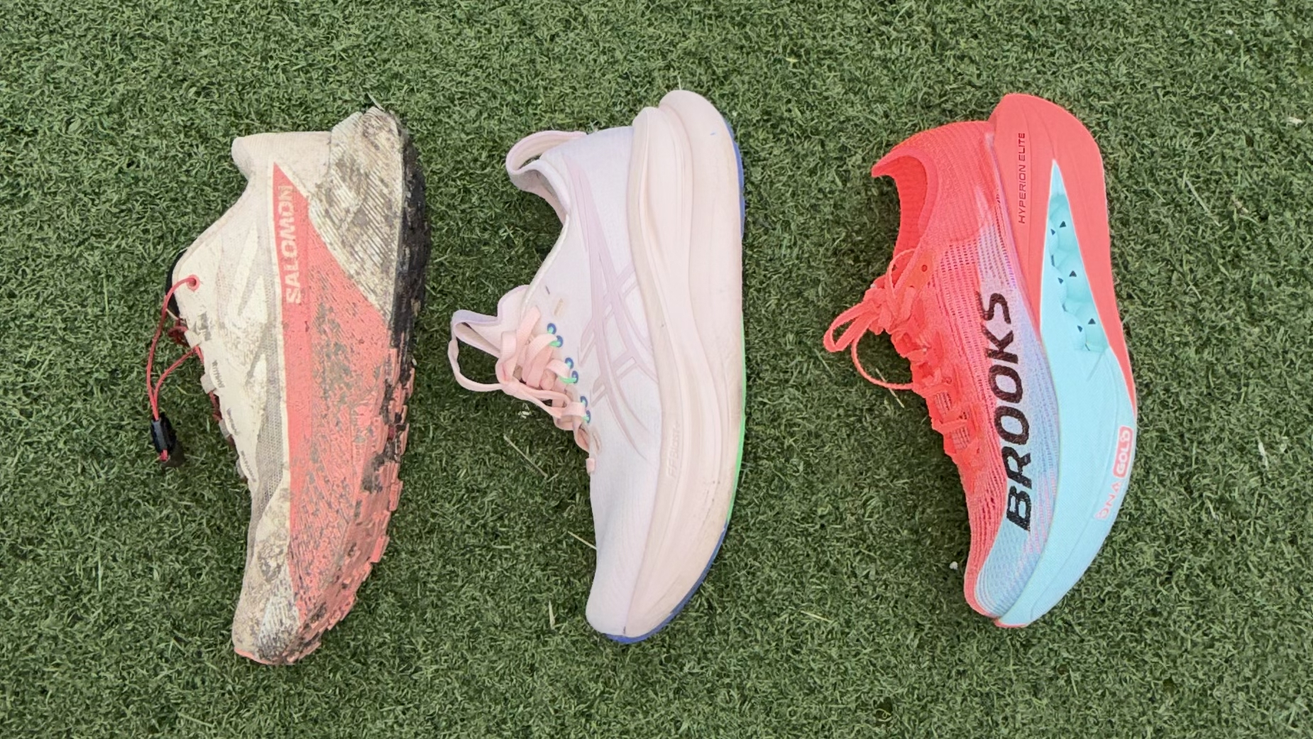 Three women's running shoes side-by-side