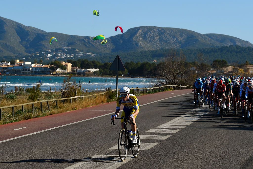 ANDRATX SPAIN JANUARY 29 Julian Mertens of Belgium and Team Sport Vlaanderen Baloise attacks during the 31st Challenge Ciclista Mallorca 2022 Trofeo Pollena Port d Andratx a 170 km race from Pollena to Andratx 214m ChallengeMallorca on January 29 2022 in Andratx Spain Photo by Dario BelingheriGetty Images