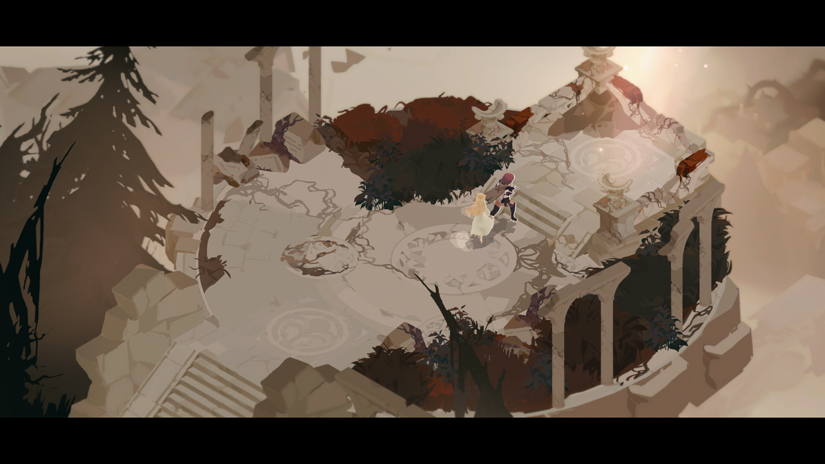 A screenshot of action RPG Lunarium. Two characters ascend stairs on the edge of a ruined kingdom.